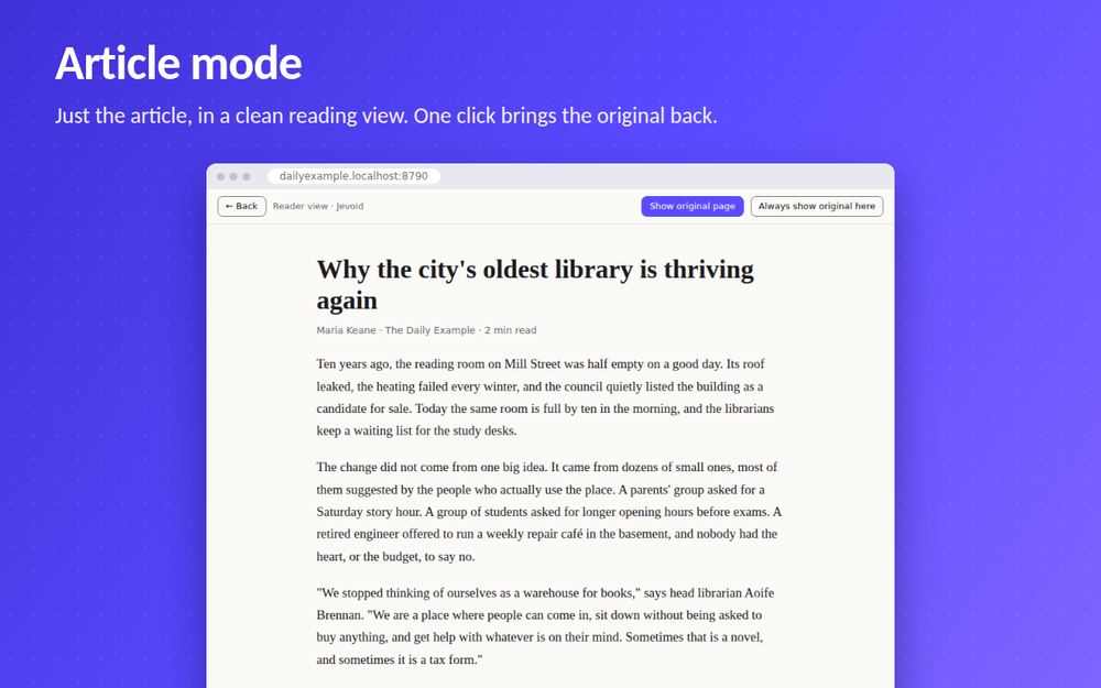 Article mode showing only the article