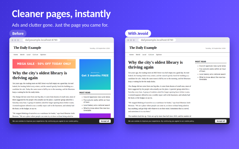 The same news page before and after Jevoid: ads gone, cookie notice left alone
