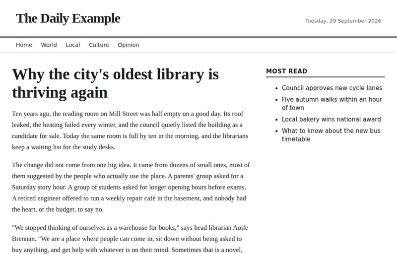 A news page with Jevoid: no ads, just the story and its most-read list