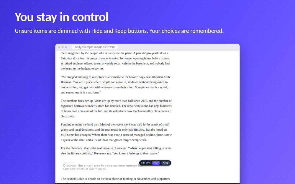 An uncertain item dimmed with Hide and Keep buttons